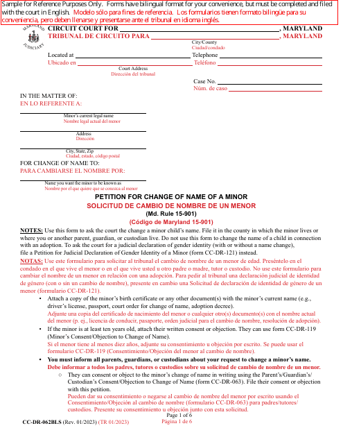 Form CC-DR-062BLS Petition for Change of Name of a Minor - Maryland (English/Spanish)