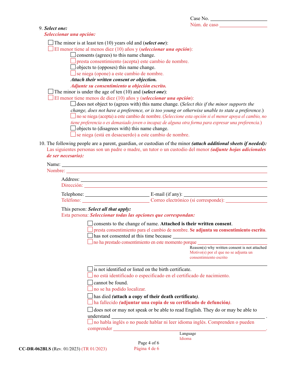 Form CC-DR-062BLS Petition for Change of Name of a Minor - Maryland (English / Spanish), Page 4