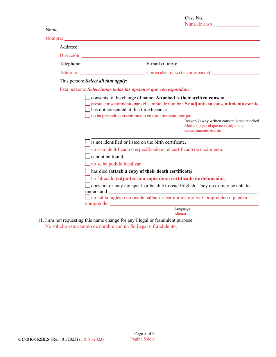 Form CC-DR-062BLS Petition for Change of Name of a Minor - Maryland (English / Spanish), Page 5