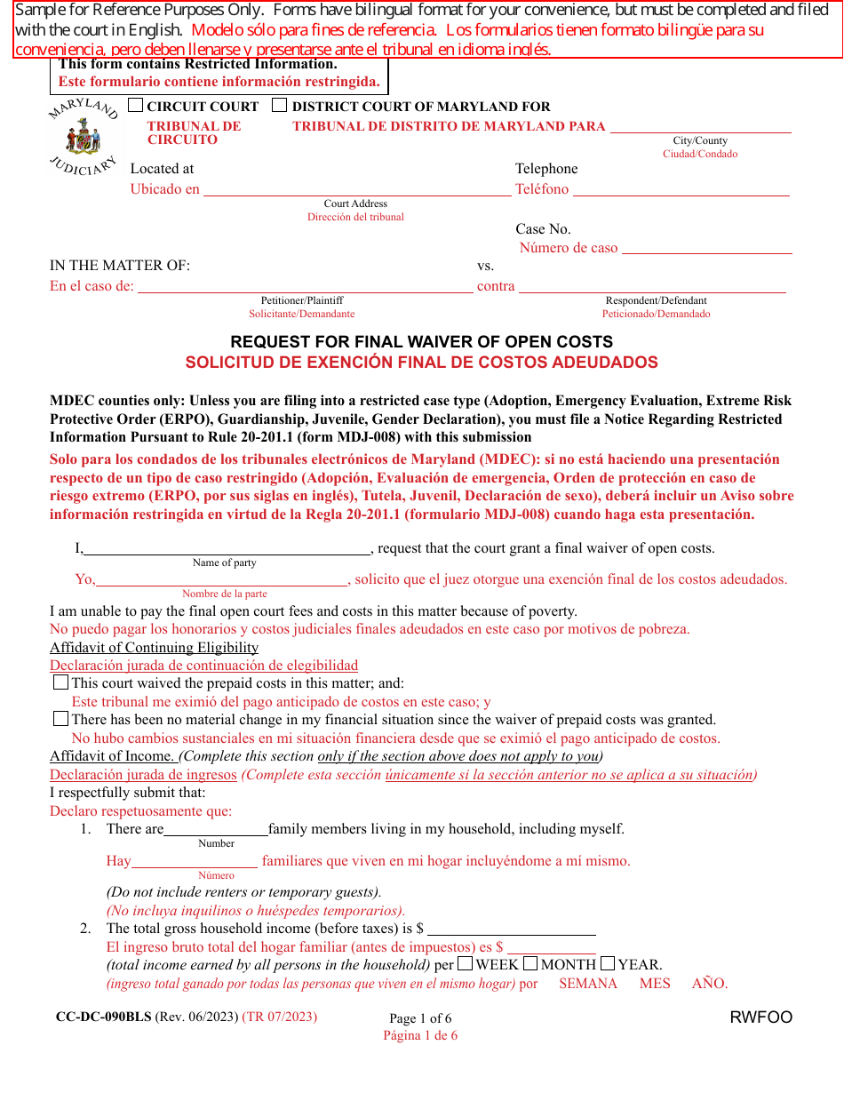 Form CC-DC-090BLS Request for Final Waiver of Open Costs - Maryland (English / Spanish), Page 1