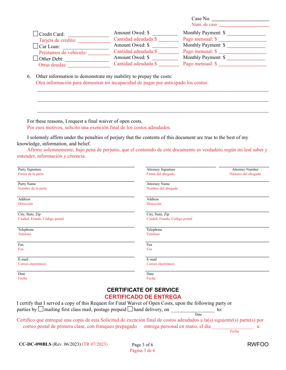 Form CC-DC-090BLS Request for Final Waiver of Open Costs - Maryland (English / Spanish), Page 3