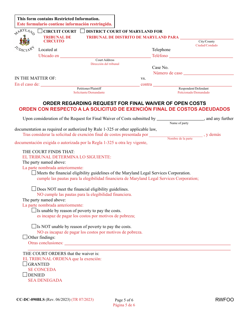 Form CC-DC-090BLS Request for Final Waiver of Open Costs - Maryland (English / Spanish), Page 5