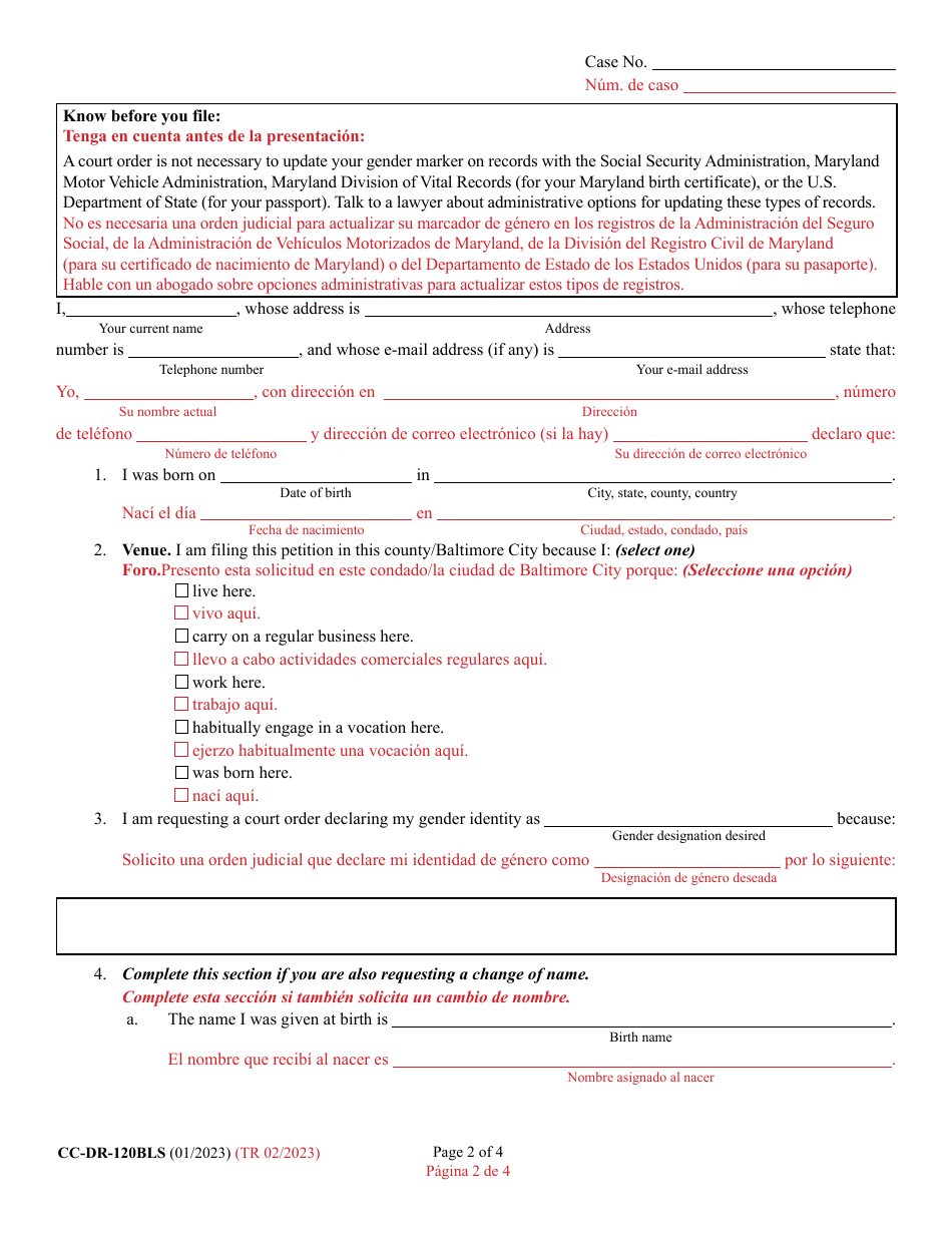 Form CC-DR-120BLS Petition for Judicial Declaration of Gender Identity of an Adult With / Without a Name Change - Maryland (English / Spanish), Page 2