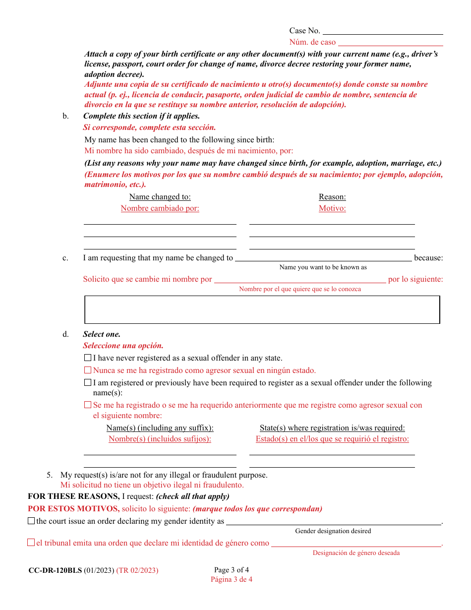 Form CC-DR-120BLS Petition for Judicial Declaration of Gender Identity of an Adult With / Without a Name Change - Maryland (English / Spanish), Page 3