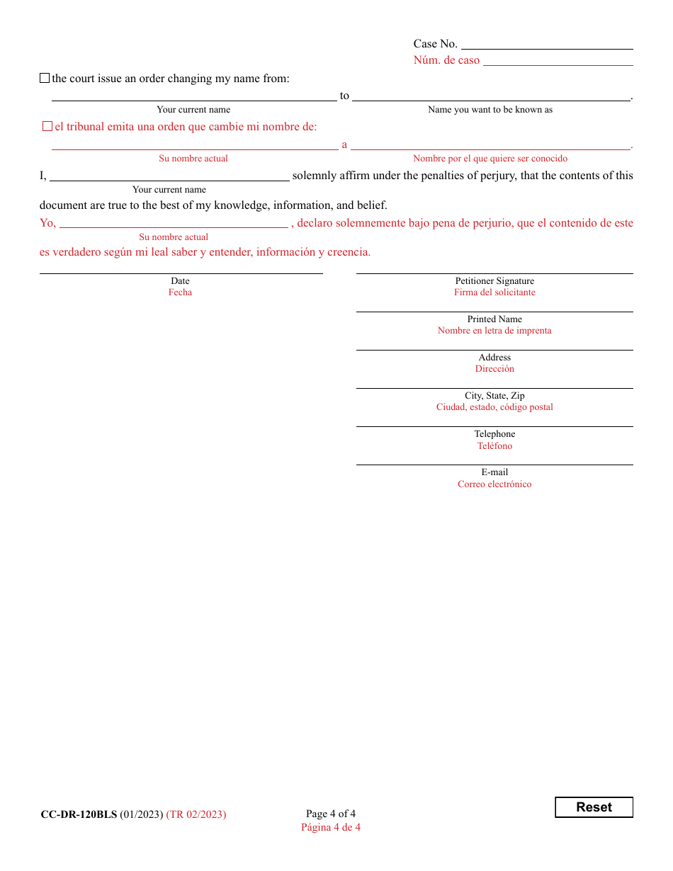 Form CC-DR-120BLS Petition for Judicial Declaration of Gender Identity of an Adult With / Without a Name Change - Maryland (English / Spanish), Page 4