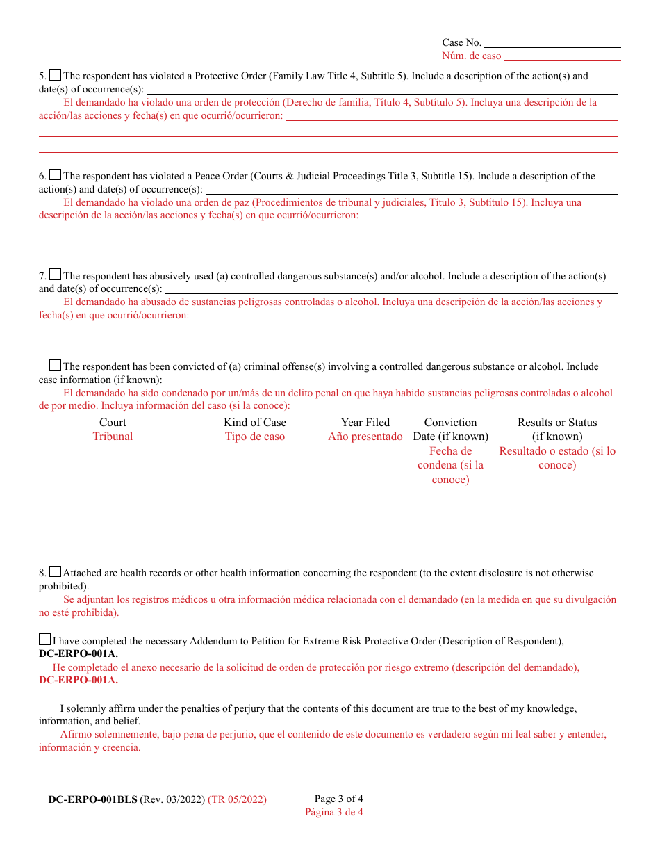 Form DC-ERPO-001BLS Petition for Extreme Risk Protective Order - Maryland (English / Spanish), Page 3