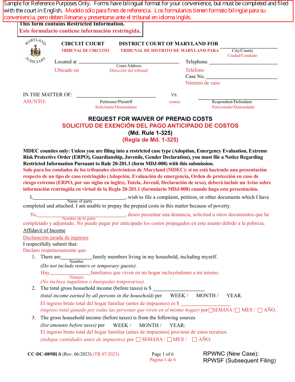 Form CC-DC-089BLS Request for Waiver of Prepaid Costs - Maryland (English / Spanish), Page 1
