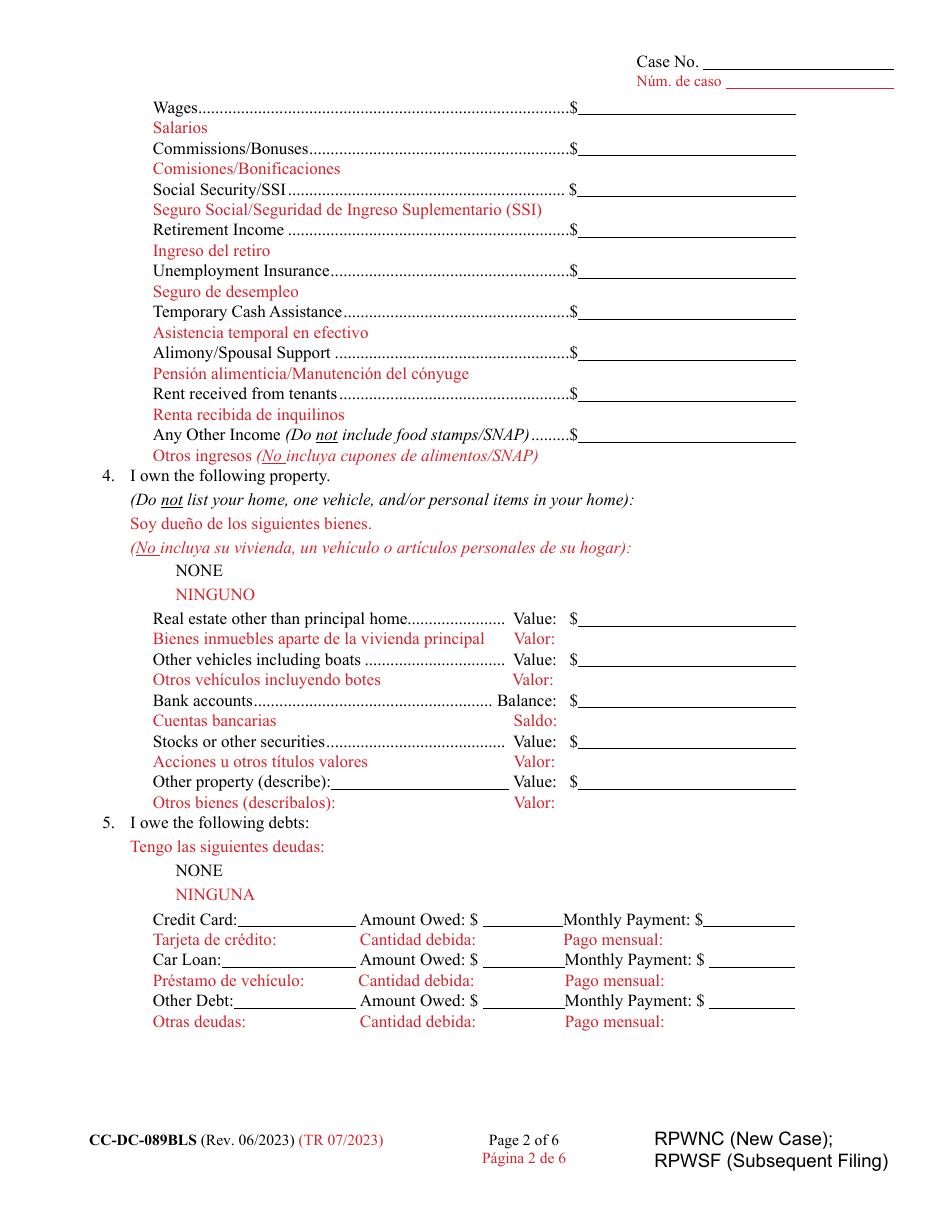 Form CC-DC-089BLS Request for Waiver of Prepaid Costs - Maryland (English / Spanish), Page 2