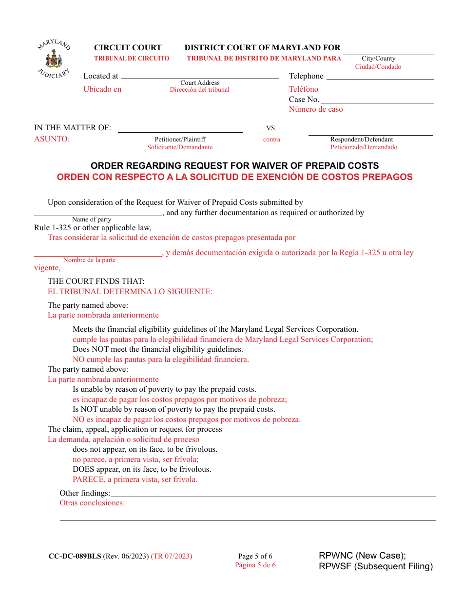 Form CC-DC-089BLS Request for Waiver of Prepaid Costs - Maryland (English / Spanish), Page 5