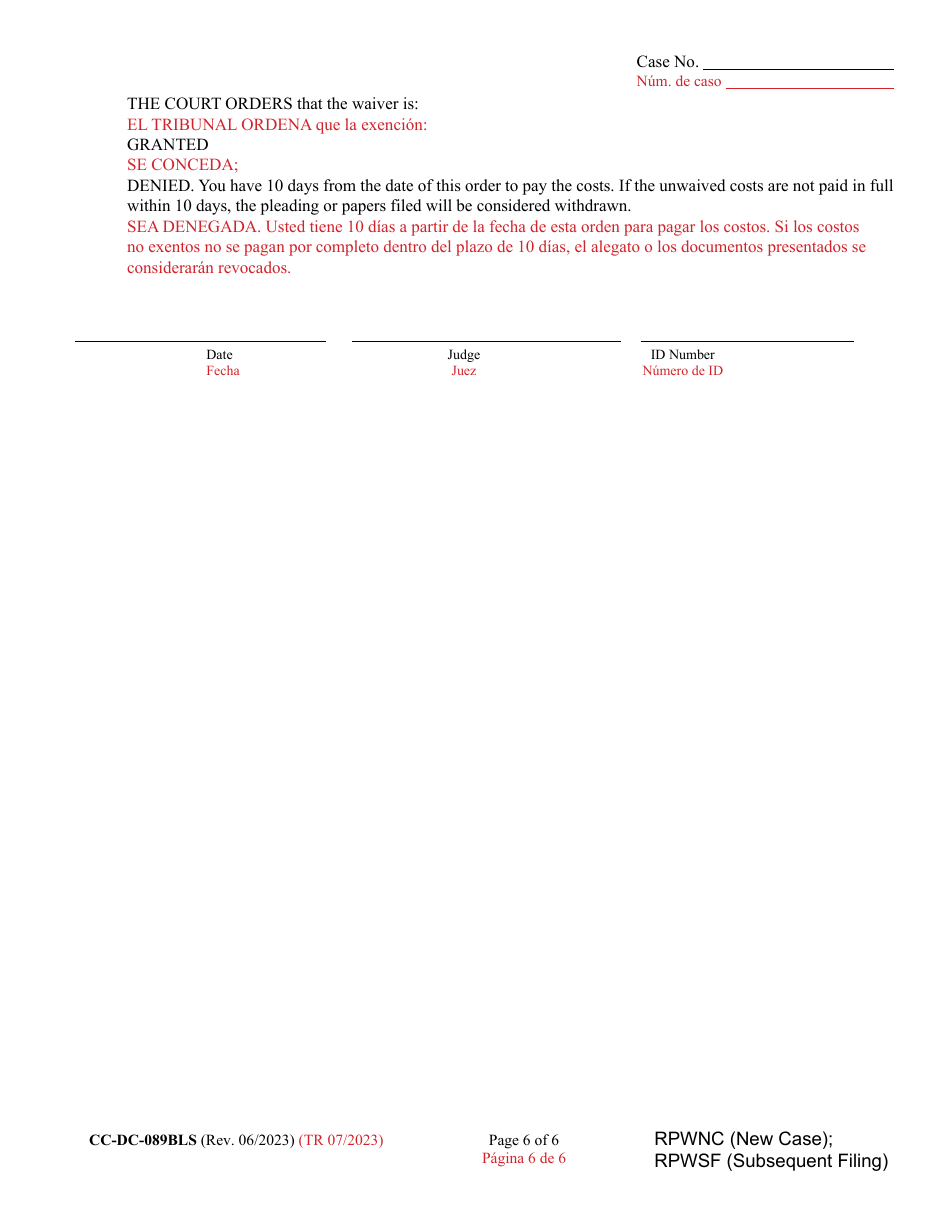 Form CC-DC-089BLS Request for Waiver of Prepaid Costs - Maryland (English / Spanish), Page 6