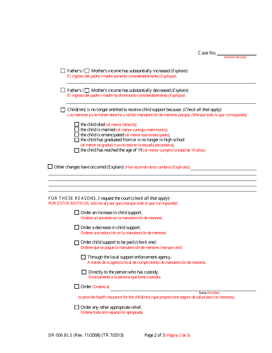 Form DR-006 BLS Motion to Modify Child Support - Maryland (English / Spanish), Page 2