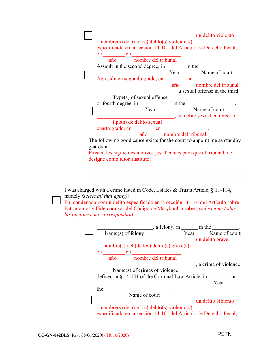 Form CC-GN-042BLS Petition by Standby Guardian (Judicial Appointment) - Maryland (English / Spanish), Page 10