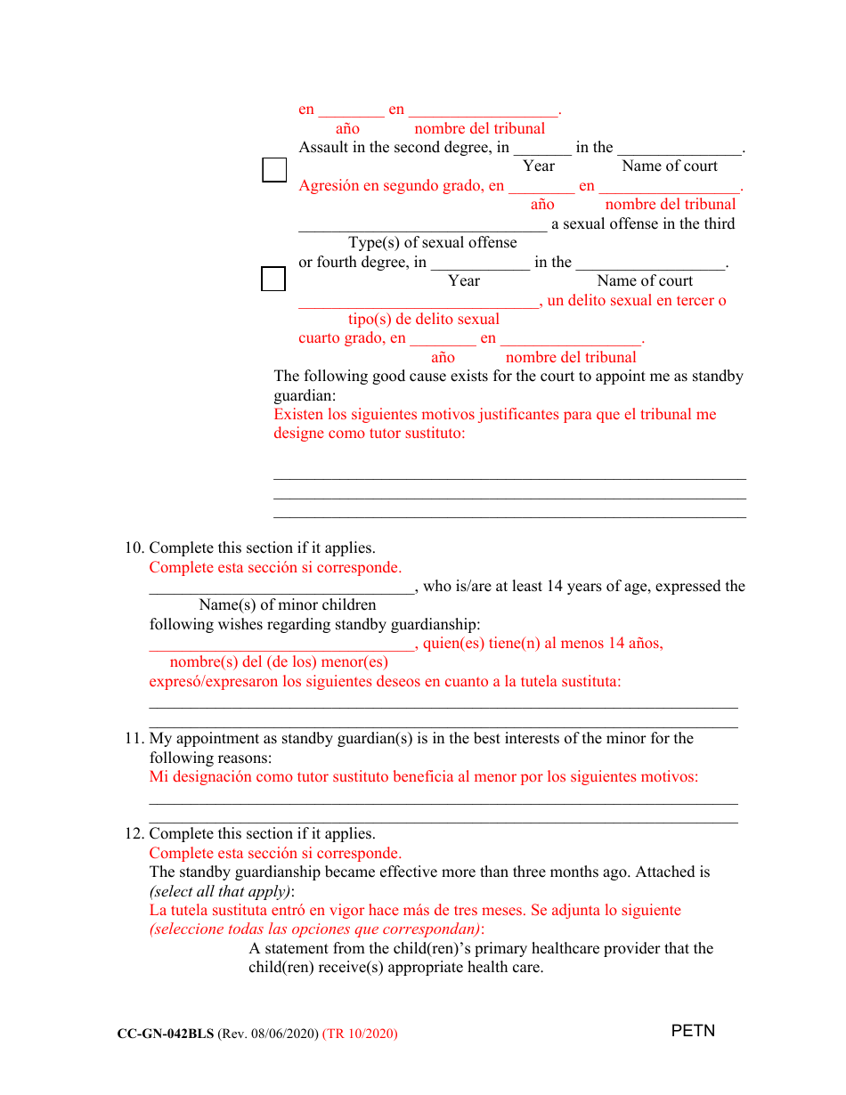 Form CC-GN-042BLS Petition by Standby Guardian (Judicial Appointment) - Maryland (English / Spanish), Page 11