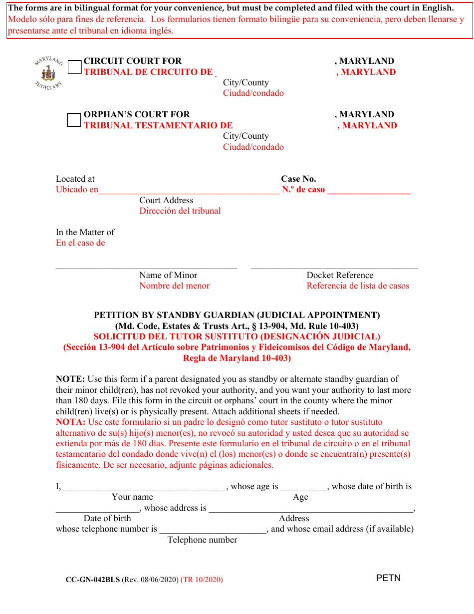 Form CC-GN-042BLS Petition by Standby Guardian (Judicial Appointment) - Maryland (English / Spanish), Page 1