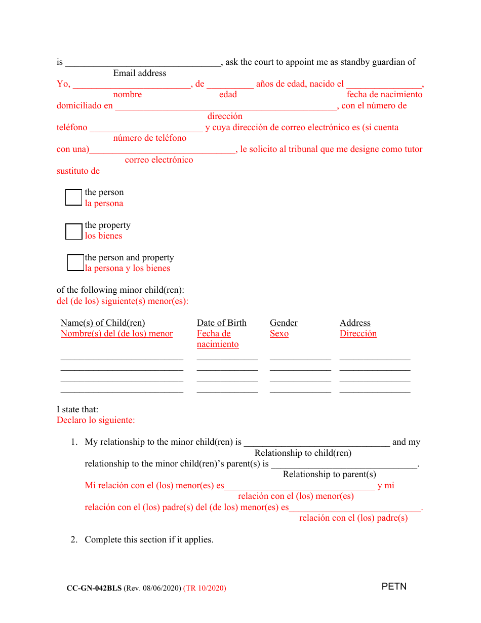 Form CC-GN-042BLS Petition by Standby Guardian (Judicial Appointment) - Maryland (English / Spanish), Page 2