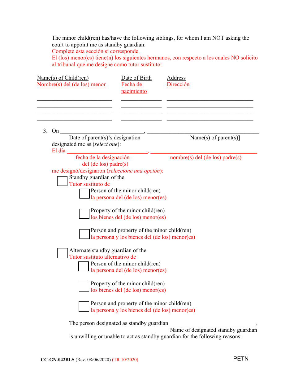 Form CC-GN-042BLS Petition by Standby Guardian (Judicial Appointment) - Maryland (English / Spanish), Page 3
