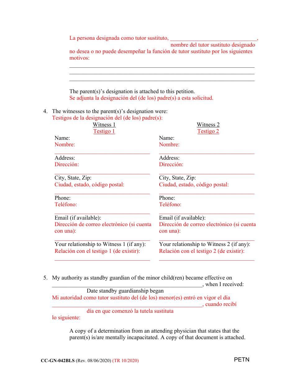 Form CC-GN-042BLS Petition by Standby Guardian (Judicial Appointment) - Maryland (English / Spanish), Page 4