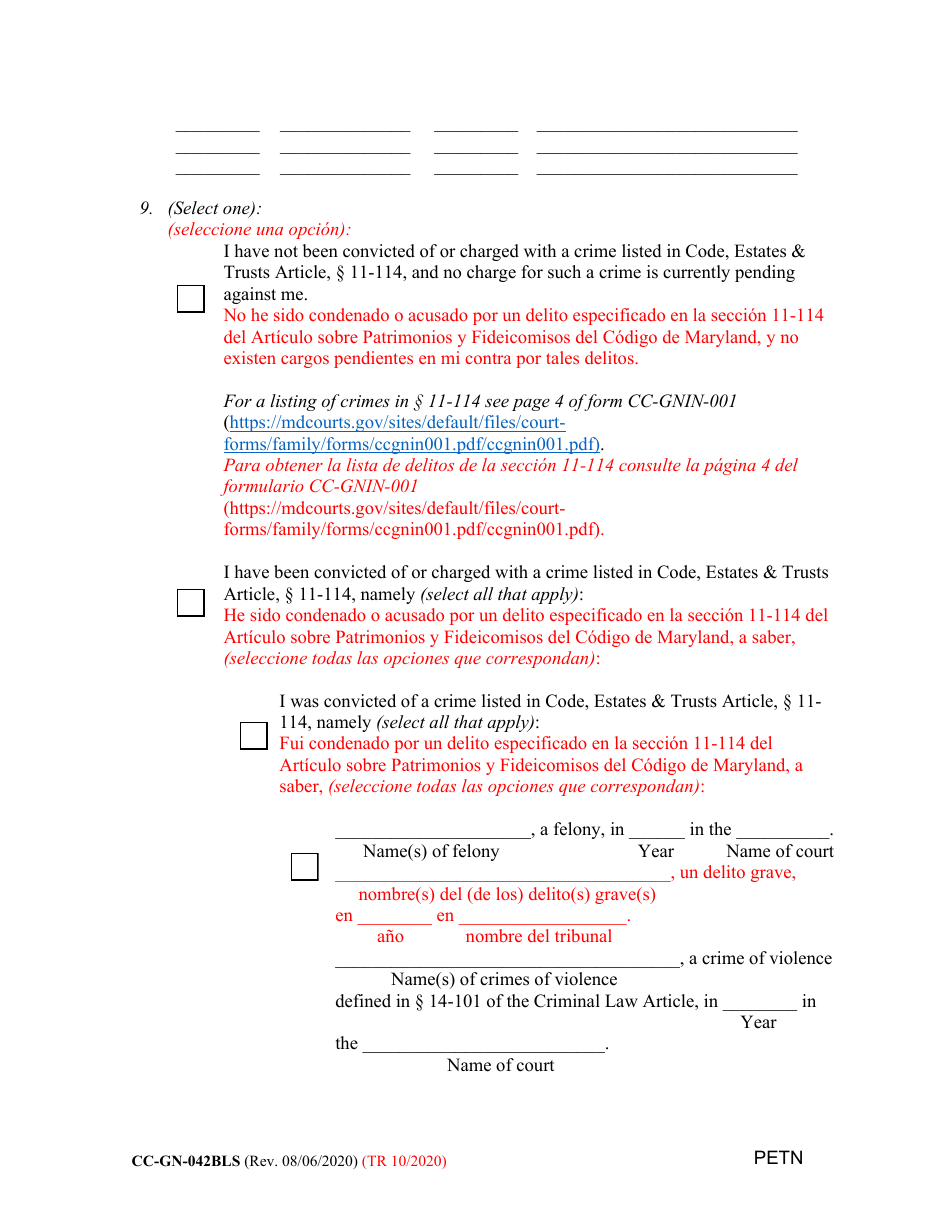 Form CC-GN-042BLS Petition by Standby Guardian (Judicial Appointment) - Maryland (English / Spanish), Page 9