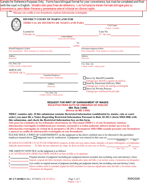 Form DC-CV-065BLS Request for Writ of Garnishment of Wages - Maryland (English/Spanish)