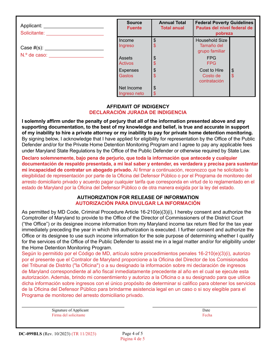 Form DC-099BLS Application for Eligibility - Representation by the Public Defender and / or Private Home Detention Program - Maryland (English / Spanish), Page 4