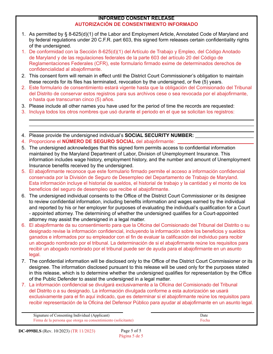 Form DC-099BLS Application for Eligibility - Representation by the Public Defender and / or Private Home Detention Program - Maryland (English / Spanish), Page 5