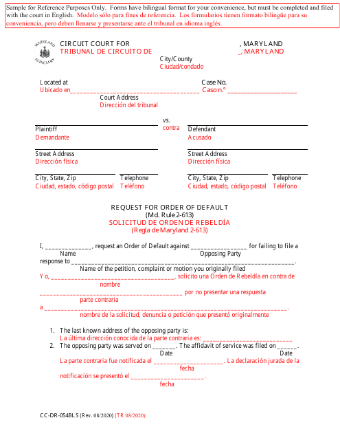 Form CC-DR-054BLS Request for Order of Default - Maryland (English/Spanish)