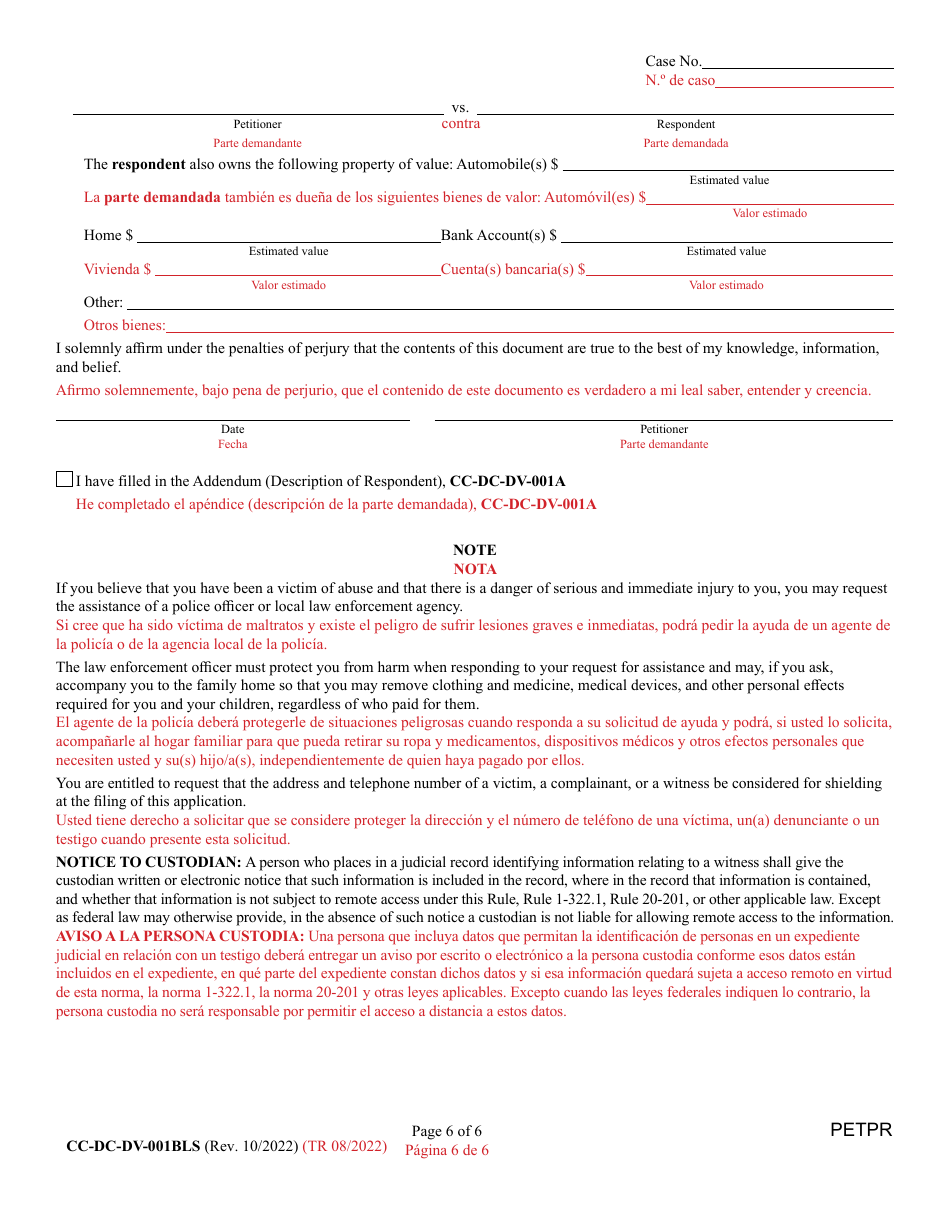 Form CC-DC-DV-001BLS Petition for Protection From Domestic Violence / Child Abuse / Vulnerable Adult Abuse - Maryland (English / Spanish), Page 6