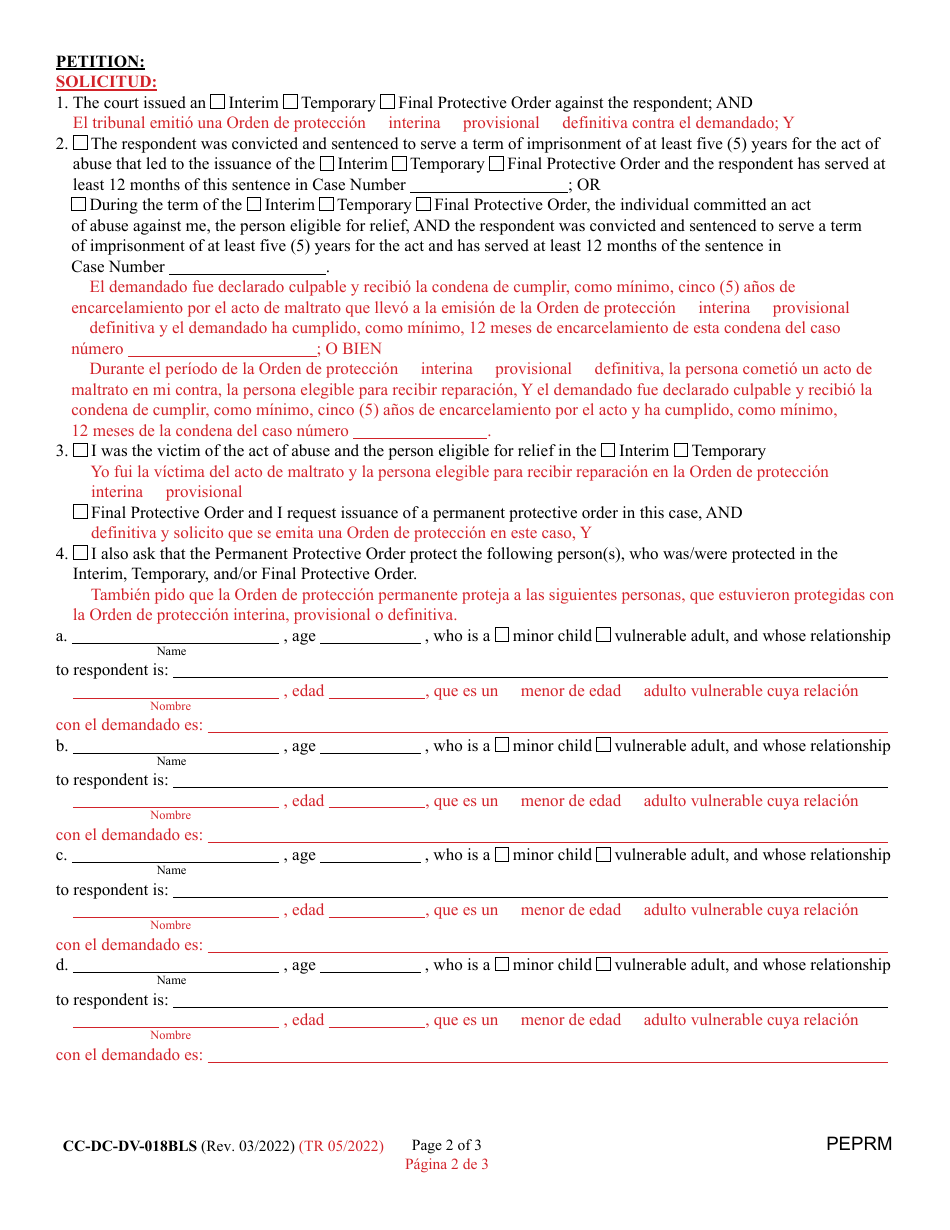 Form CC-DC-DV-018BLS Petition for Permanent Protective Order - Maryland (English / Spanish), Page 2