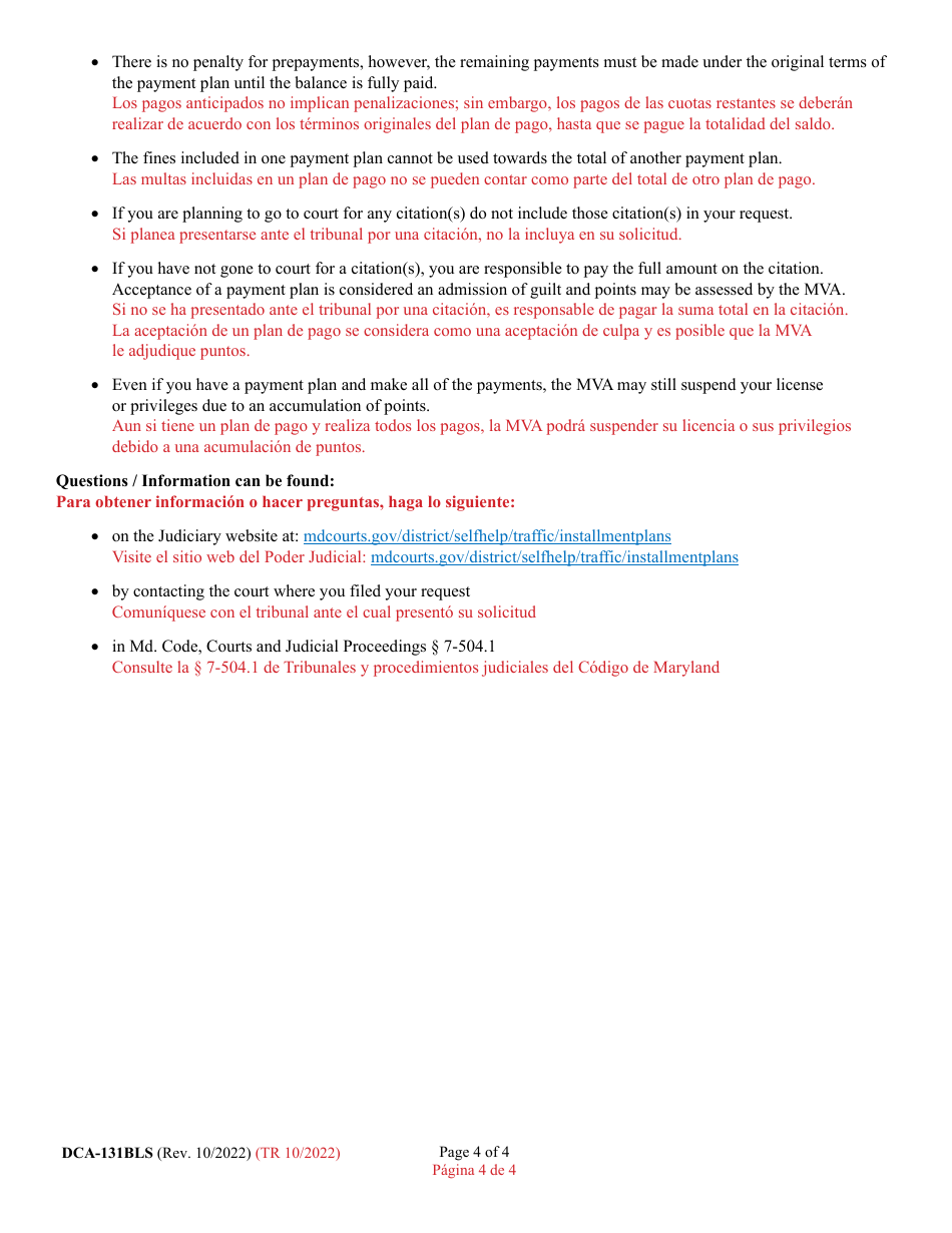 Form DCA-131BLS Request for Traffic Violation(S) Payment Plan - Maryland (English / Spanish), Page 4