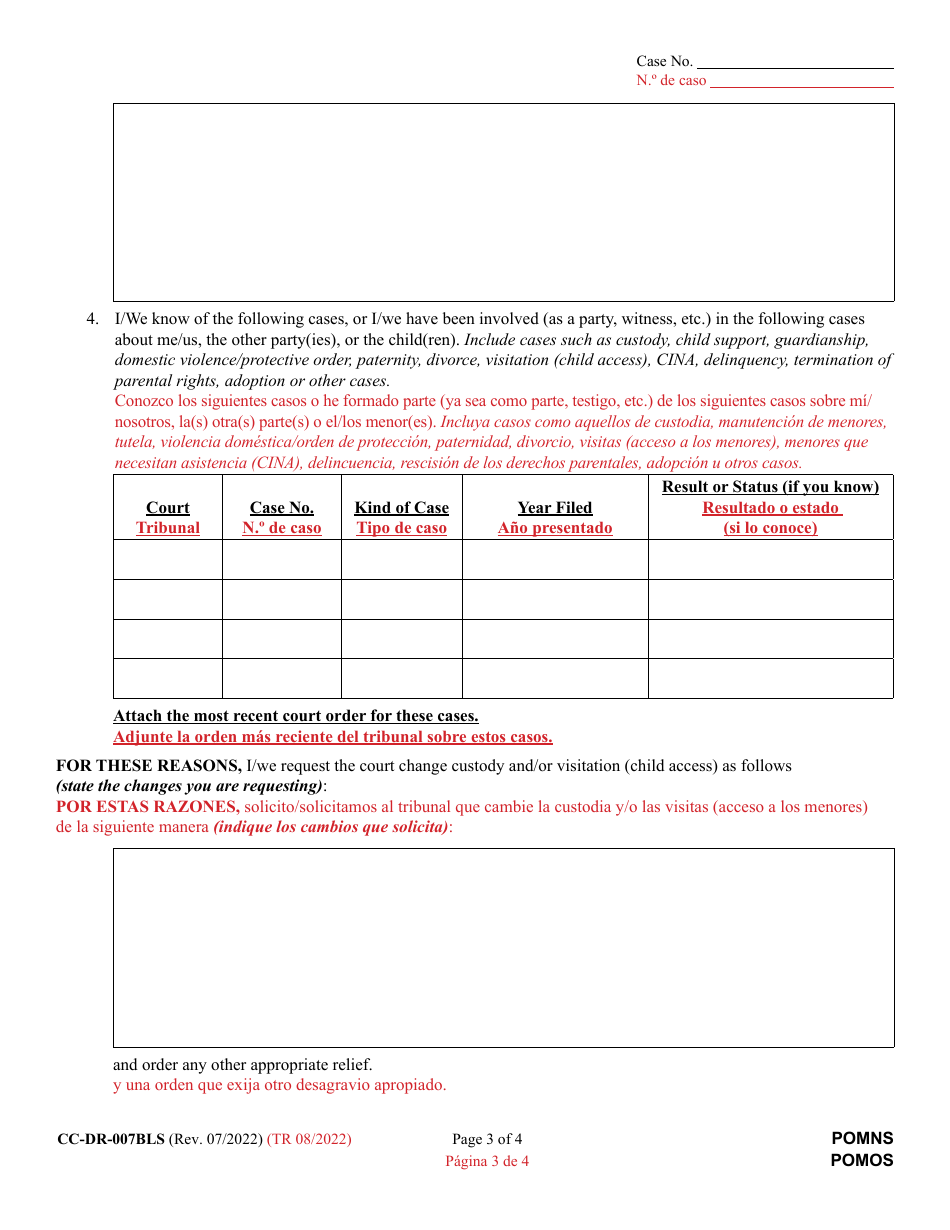 Form CC-DR-007BLS Petition to Modify Custody / Visitation (Child Access) - Maryland (English / Spanish), Page 3