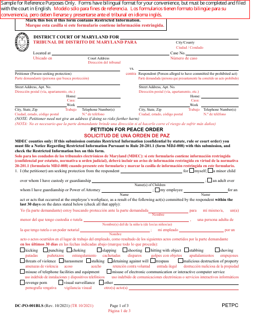 Form DC-PO-001BLS Petition for Peace Order - Maryland (English/Spanish)