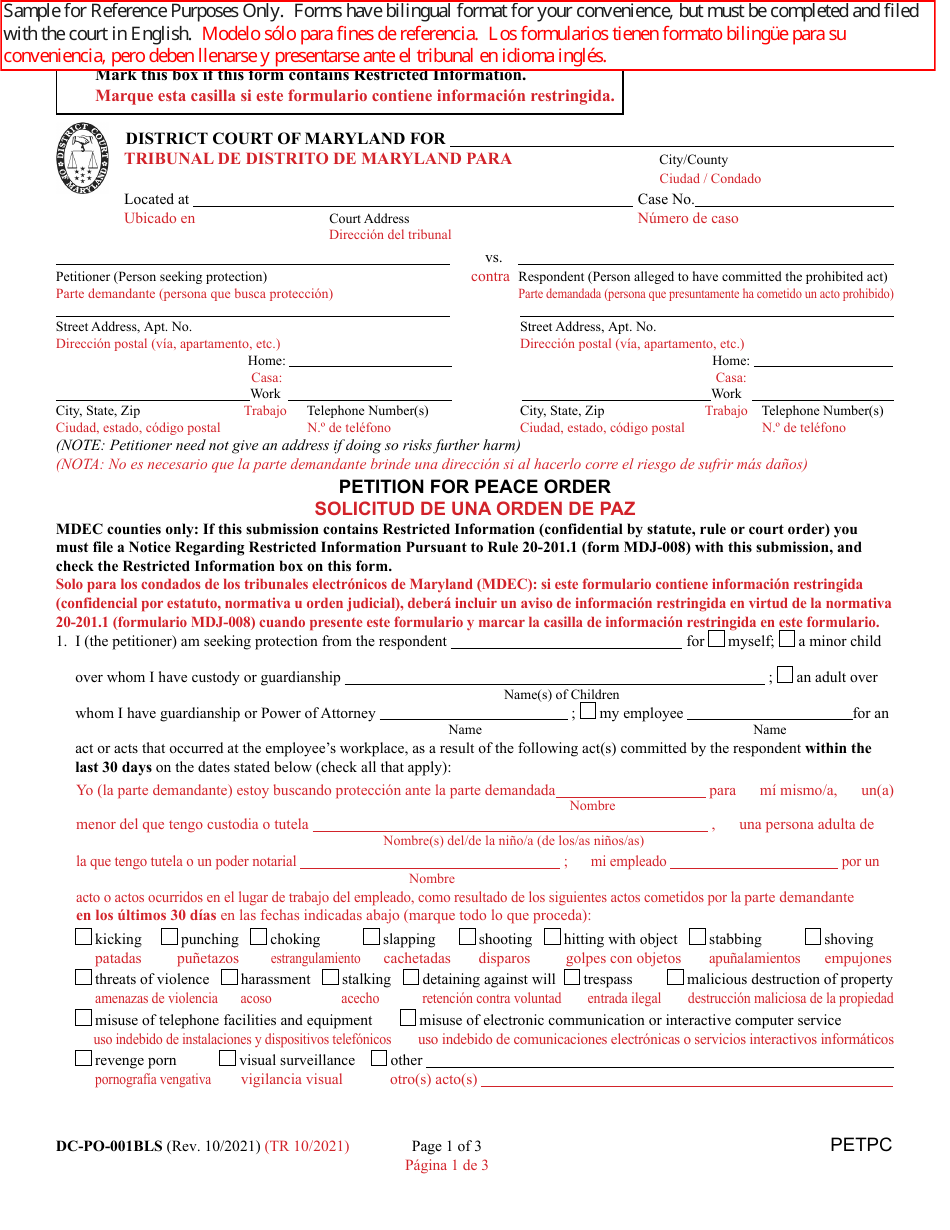 Form DC-PO-001BLS Petition for Peace Order - Maryland (English / Spanish), Page 1