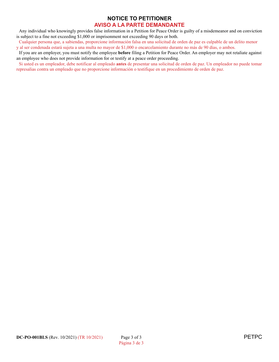 Form DC-PO-001BLS Petition for Peace Order - Maryland (English / Spanish), Page 3