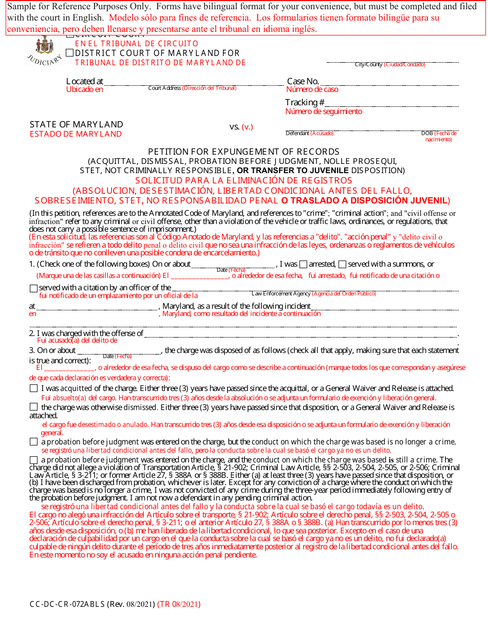 Form CC-DC-CR-072ABLS Petition for Expungement of Records (Acquittal, Dismissal, Probation Before Judgment, Nolle Prosequi, Stet, Not Criminally Responsible, or Transfer to Juvenile Disposition) - Maryland (English / Spanish), Page 1