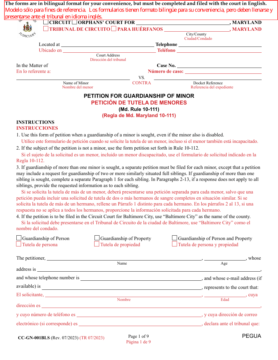 Form CC-GN-001BLS Petition for Guardianship of Minor - Maryland (English / Spanish), Page 1