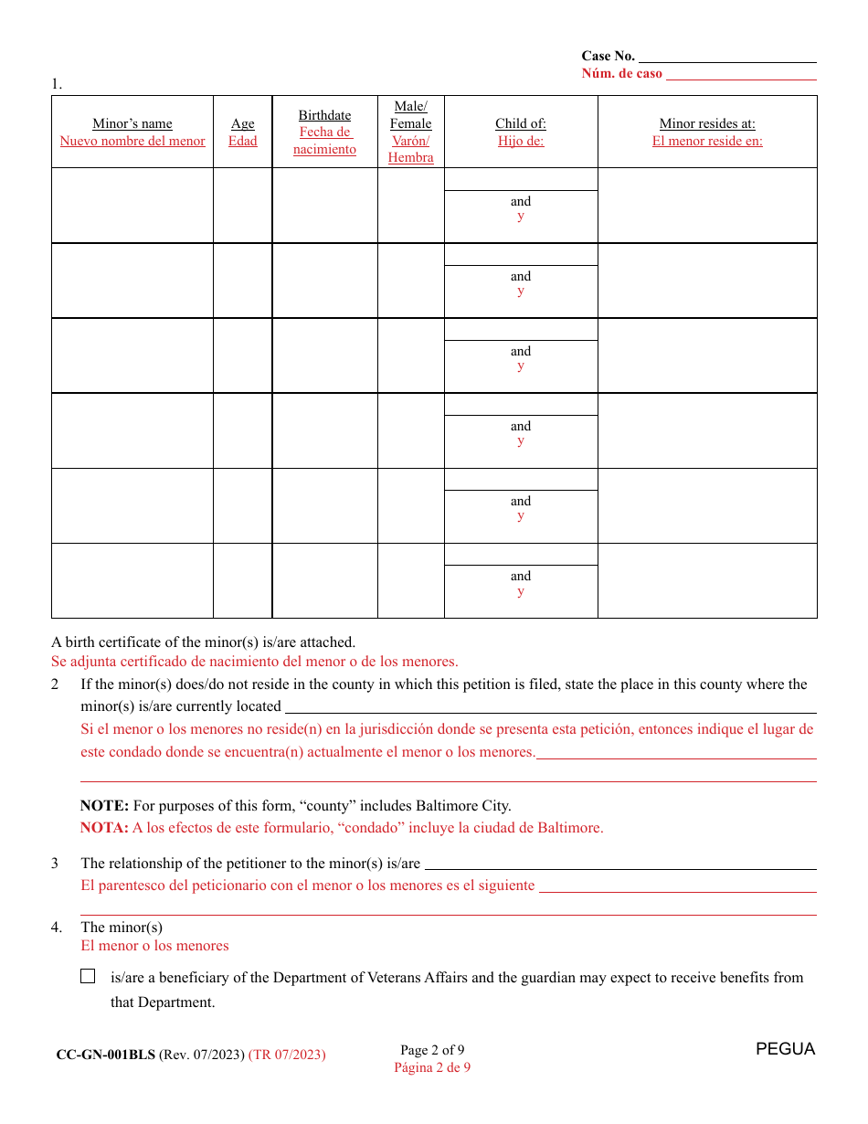 Form CC-GN-001BLS Petition for Guardianship of Minor - Maryland (English / Spanish), Page 2