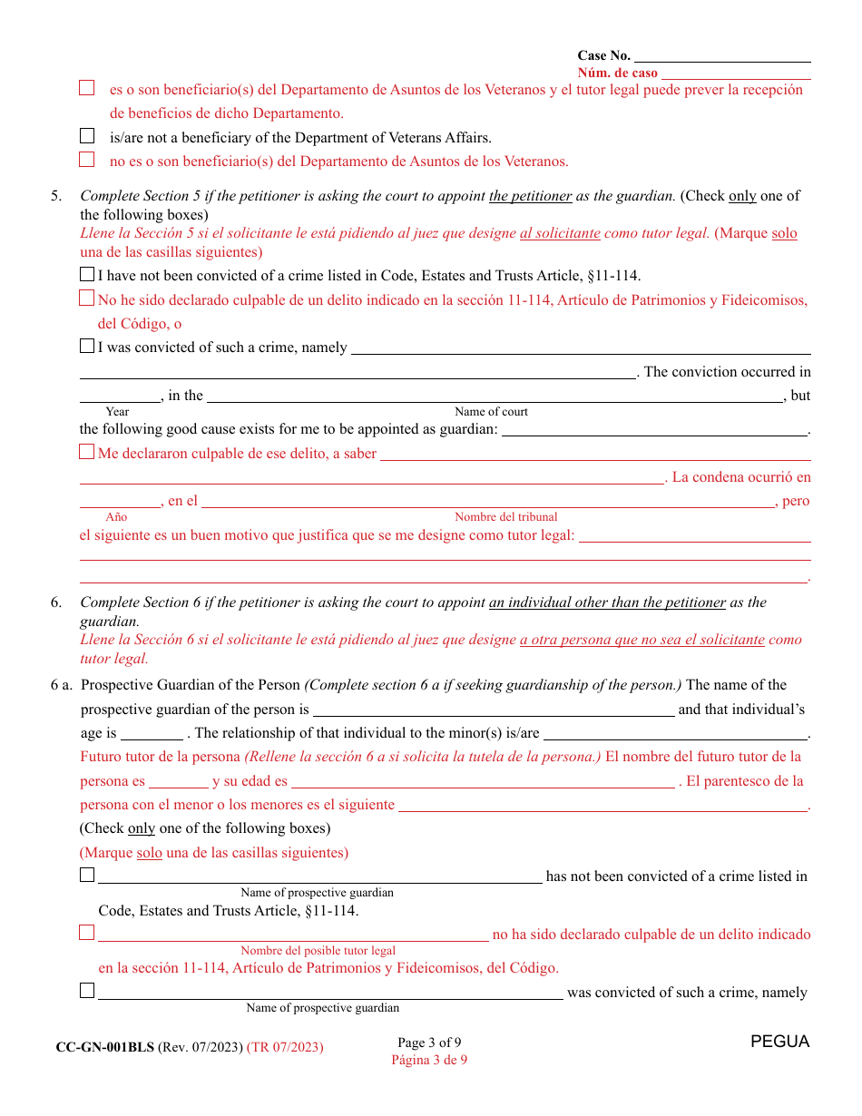 Form CC-GN-001BLS Petition for Guardianship of Minor - Maryland (English / Spanish), Page 3