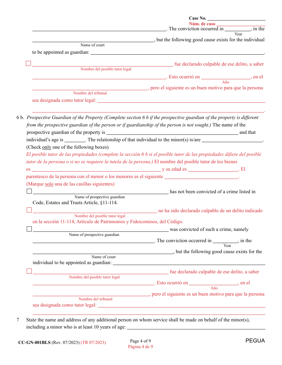 Form CC-GN-001BLS Petition for Guardianship of Minor - Maryland (English / Spanish), Page 4