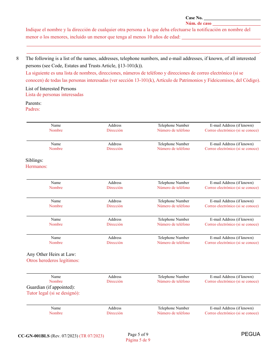 Form CC-GN-001BLS Petition for Guardianship of Minor - Maryland (English / Spanish), Page 5
