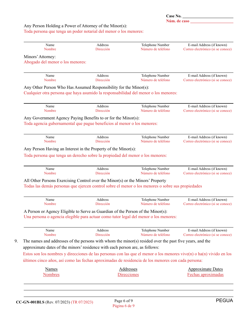 Form CC-GN-001BLS Petition for Guardianship of Minor - Maryland (English / Spanish), Page 6