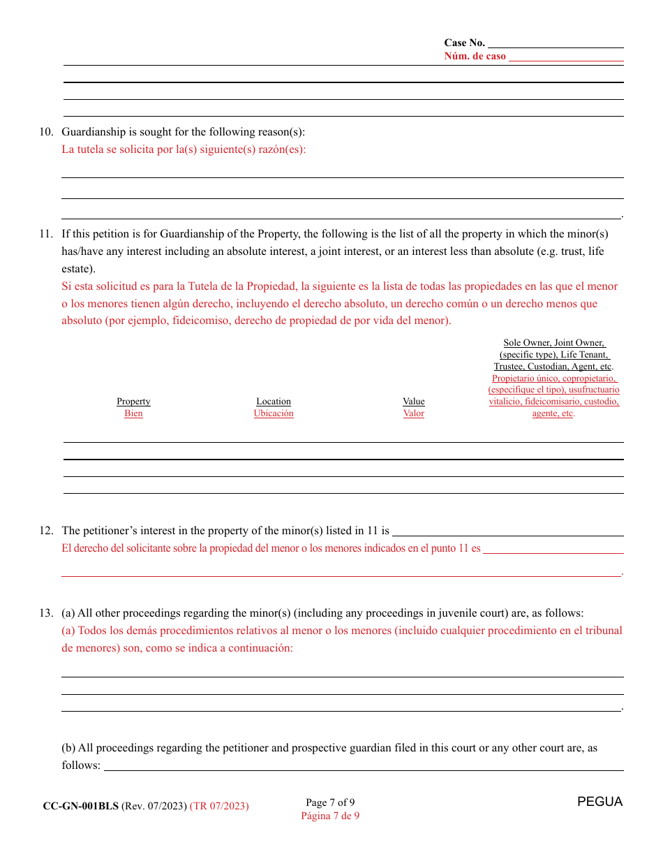 Form CC-GN-001BLS Petition for Guardianship of Minor - Maryland (English / Spanish), Page 7