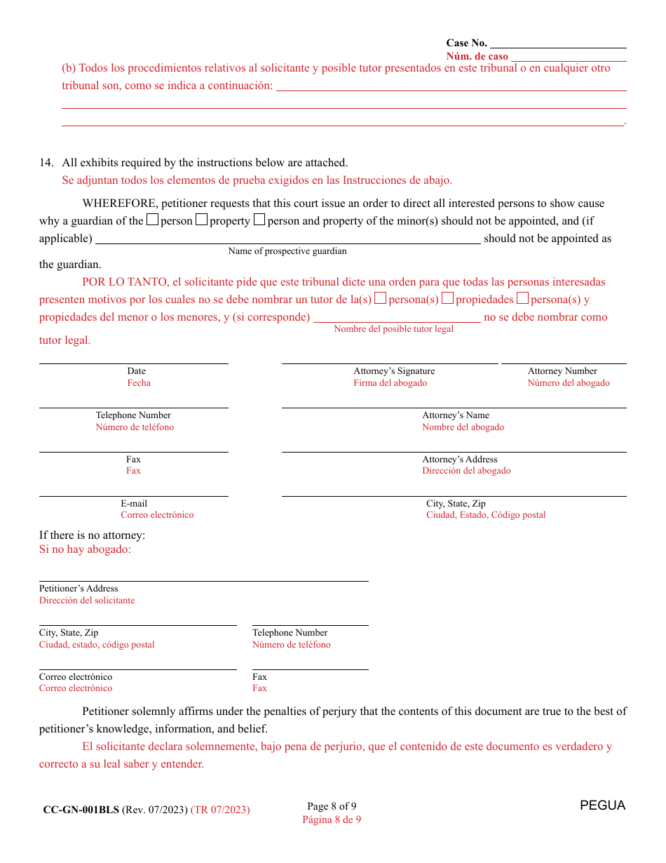 Form CC-GN-001BLS Petition for Guardianship of Minor - Maryland (English / Spanish), Page 8