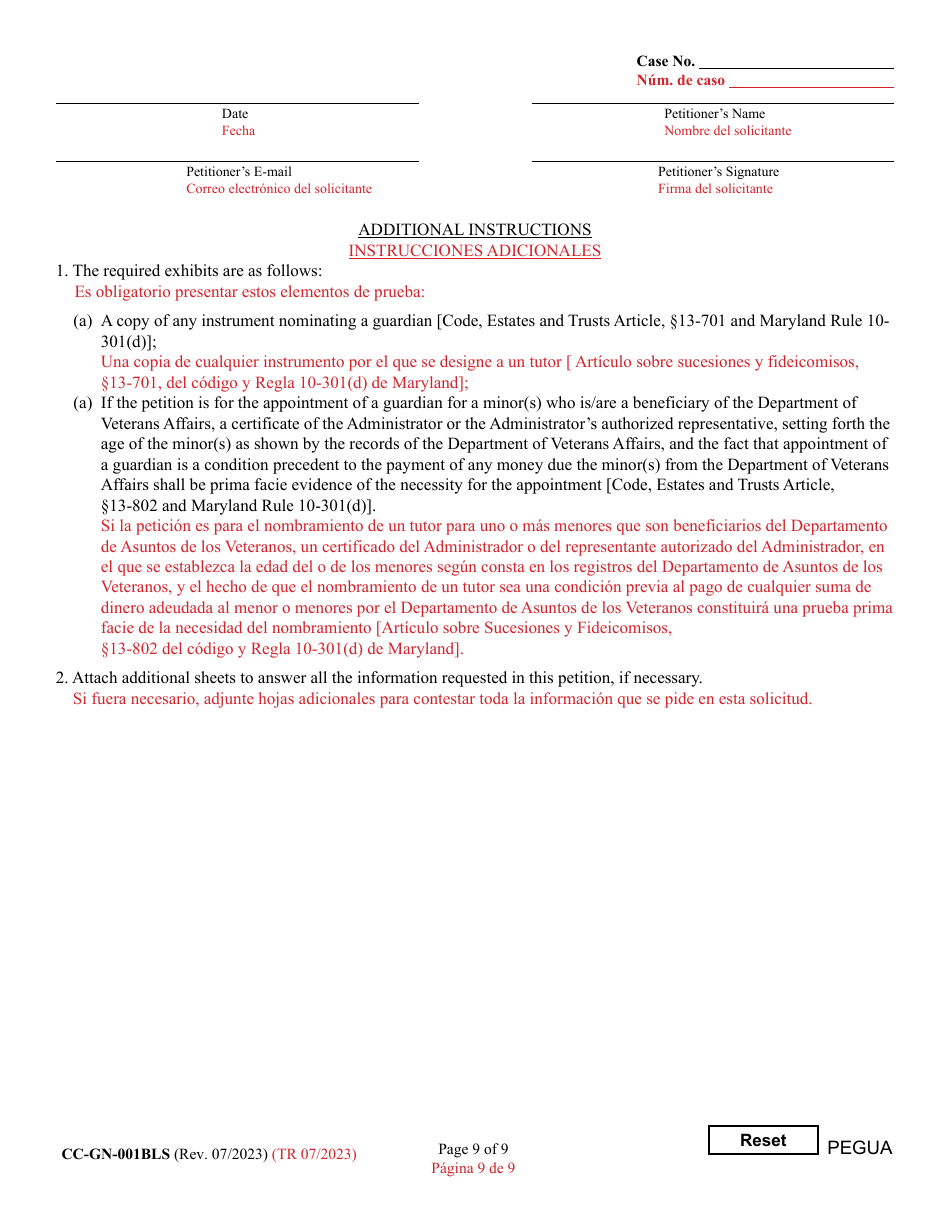 Form CC-GN-001BLS Petition for Guardianship of Minor - Maryland (English / Spanish), Page 9
