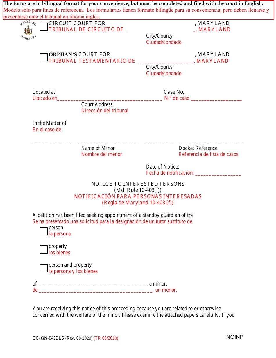 Form CC-GN-045BLS Notice to Interested Persons - Maryland (English / Spanish), Page 1
