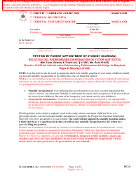 Document preview: Form CC-GN-043BLS Petition by Parent (Appointment of Standby Guardian) - Maryland (English/Spanish)