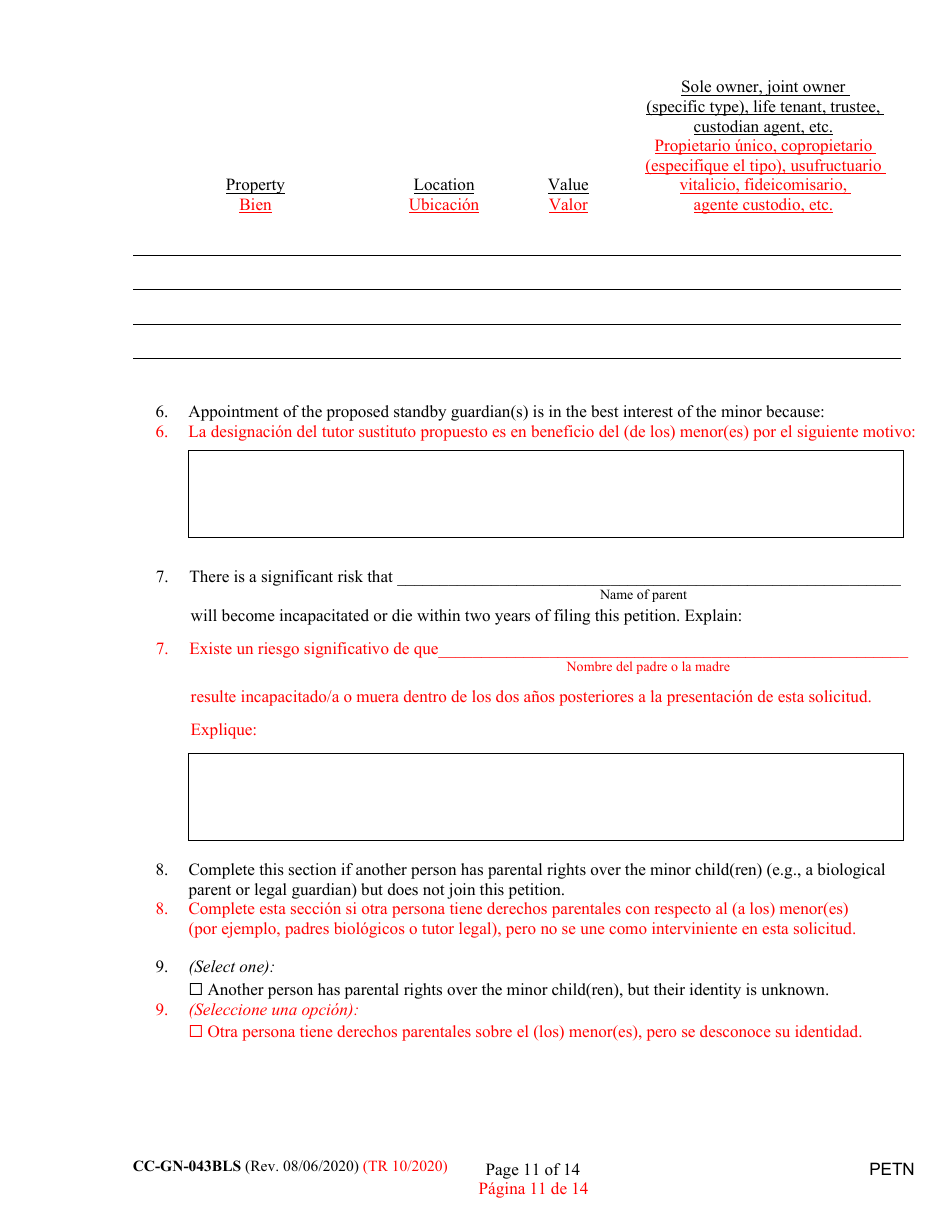 Form CC-GN-043BLS Petition by Parent (Appointment of Standby Guardian) - Maryland (English / Spanish), Page 11