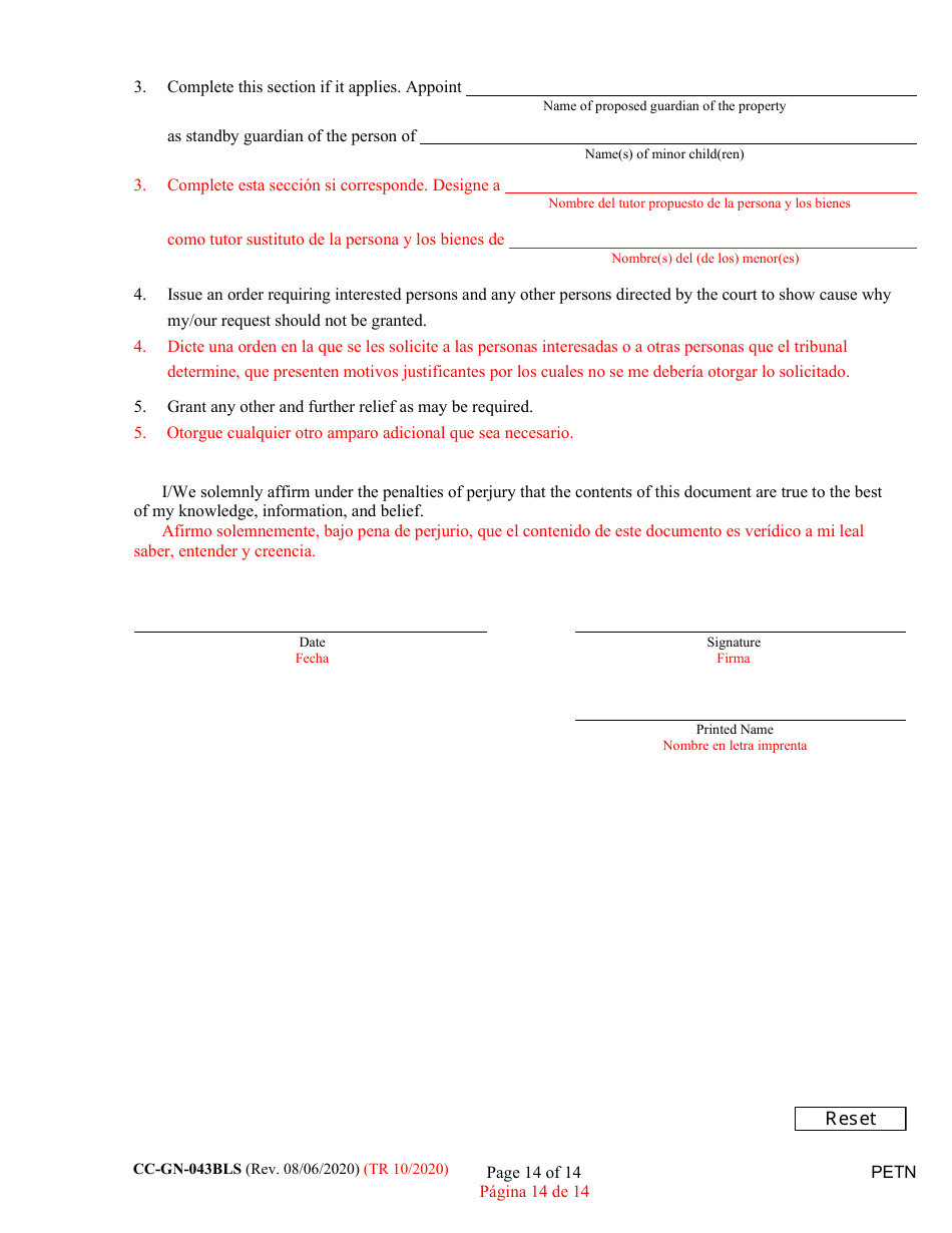 Form CC-GN-043BLS Petition by Parent (Appointment of Standby Guardian) - Maryland (English / Spanish), Page 14