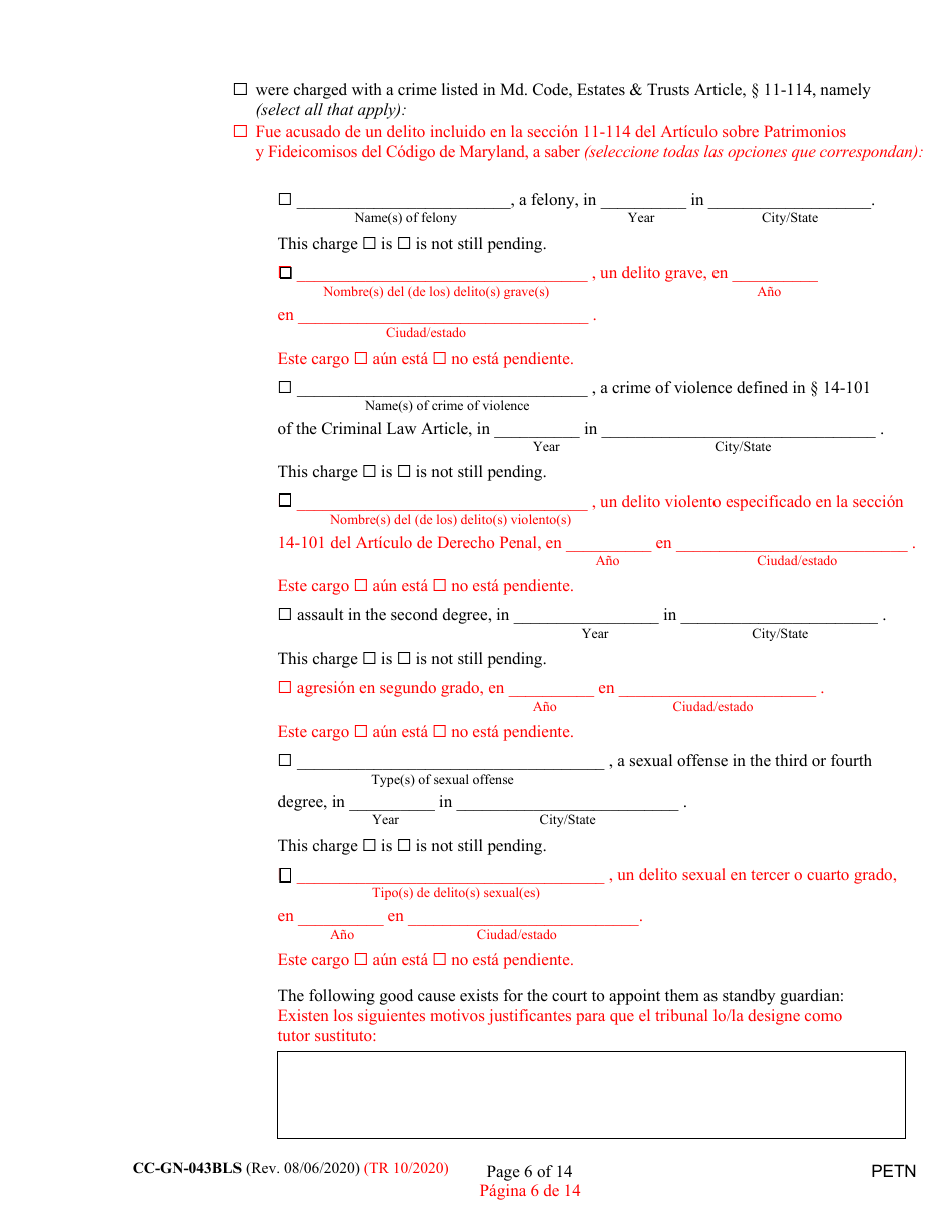Form CC-GN-043BLS Petition by Parent (Appointment of Standby Guardian) - Maryland (English / Spanish), Page 6
