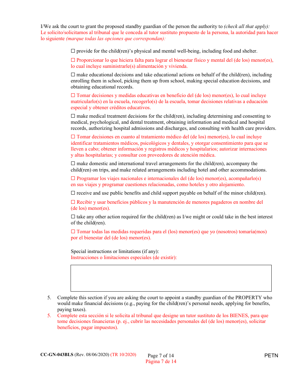 Form CC-GN-043BLS Petition by Parent (Appointment of Standby Guardian) - Maryland (English / Spanish), Page 7