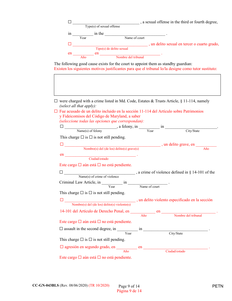 Form CC-GN-043BLS Petition by Parent (Appointment of Standby Guardian) - Maryland (English / Spanish), Page 9